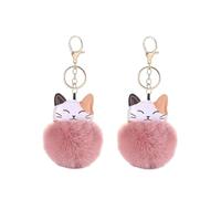 Opemg 2Pcs Pink Cute Cat Shape Pom Pom Keychain Plush Ball Car Keychain Pendant Fluffy Keyring Charm for Women Girls Bag Purse Decor Keychains Accessories