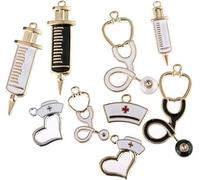 Opemg 9 Pcs Nurse Theme Charms Pendant Gold Plated Enamel Pendant Stethoscope Syringe Nurse Cap Hat Charms for Jewelry Making Beading and Jewelry Making Crafting Findings Accessory