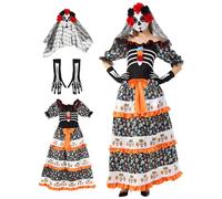 Opemon 3pcs Day of the Dead Costumes for Women Halloween Cosplay Mask with Face Tattoos Skeleton Flower Dress, Multicolored, Small