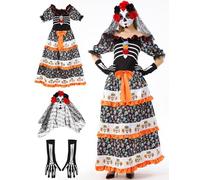 Opemon 3pcs Day of the Dead Costumes for Women Halloween Cosplay Mask with Face Tattoos Skeleton Flower Dress, Multicolored, Medium