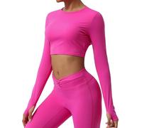 Open Back Yoga Tees for Women Basic Round Neck Long Sleeve T-Shirts Athletic Gym Tops Stretch Slim Sport Crop Top Rose Red S