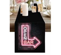 Open Bar Sign Table Runner 13 x 90 Inch, Modern Shining Red Neon Arrow Glowing Tubes Washable Cotton Linen Dining Table Runner Tabletop Decorations for Restaurant Home Kitchen Party