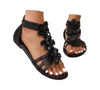 Open Boho Sandals with Floral Pattern Flat Summer Shoes for Beach Leisure Casual Slip On Ideal Women's Sandals for Warm Days, black, 4 UK
