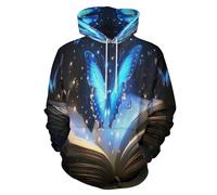 Open Book And Butterfly Hoodies for Men Women, Full 3D Printed Graphic Sweatshirt, Unisex Novelty Magic Insects Athletic Breathable Fashion Pullover with Pockets Blue