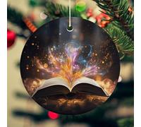 Open Book and Light Christmas Ceramic Ornaments with Gold String - 2.8 Inch Round Double-Sided Porcelain Xmas Tree Decor for Fireplace Mantel, Farmhouse Winter Holiday Hanging Ornaments