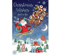 Open Christmas Card Cute Santa Sleigh Reindeers 7.5" x 5" Lovely Verse