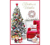 Open Christmas Card - Xmas Tree Red Chair in Living Room Gold Foil 9x6"