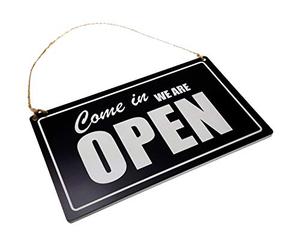 Open/Closed, Shop Door Sign supplied with twine - Black and White, Engraved, Reversible, Double Sided, hanging sign for your business. Dispatched from the UK.
