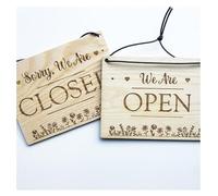 Open/Closed Shop Door Signs - 140mm x 100mm x 4mm Wooden Laser Engraved Rectangle Sign Plaque With Cotton Cord For Hanging (Floral 2)
