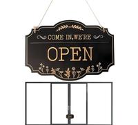 Open Closed Sign - Double Sided Wood Hand Painted Business Indicator Vintage Hanging, Reversible Display Board for Office Shop Commercial Indoor Outdoor Store