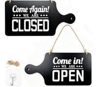 Open Closed Sign for Business, Wooden Hanging with Rope, 12 * 25cm Welcome for Shop Window Door, Cafe Restaurant Bar, Grey White Come on in We're Open Closed Sign (Black, 12 * 25cm+20cm)