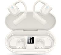 Open Ear Bluetooth 5.3 Headphones, Wireless Earbuds Sport Over Earphones Built-in Mic with Earhooks 75H Playtime Ear Buds LED Display Charging Case, IPX5 Waterproof for Running Fitness,Pearl White