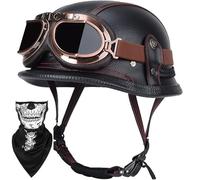 Open Face Half Shell Motorbike Helmet DOT/ECE Approved Vintage Retro Style With Attached Goggles Comfortable Fit Unisex For City Riding And Casual Trips(J,M=(57~58cm))