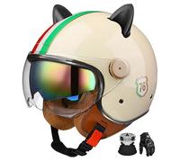Open-Face Motorcycle Helmet For Adults, With Dual Lenses And Cute Cat Ears, Ece Certified, Suitable For Both Men And Women. N,XL:61-62CM