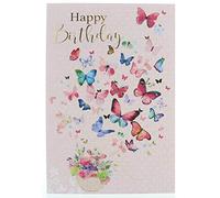 Open Female Birthday Card - Multicoloured Butterflies Flower Basket Gold Foil 7.75"x5.25"