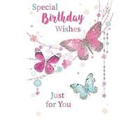 Open Female Birthday Card - Pink Blue Glitter Butterflies and Flowers 7.75x5.25