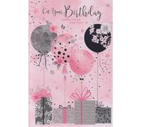 Open Female Womens Pink Birthday Card with Envelope Balloons and Flowers - 7.5" x 5.25"