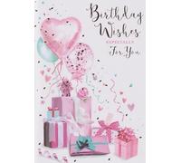 Open Female Womens Pink Birthday Card with Envelope Balloons and Presents - 7.5" x 5.25"