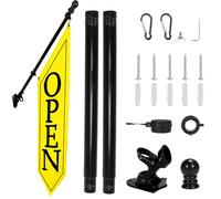 OPEN Flag with Pole Kit - Heavy Duty Canvas Open Banner for Business Storefront, 42x12 Inch Outdoor Double-Sided Sign with Bracket - Advertising Signage for Retail & Shops (Yellow)