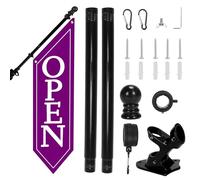 OPEN Flag with Pole Kit - Heavy Duty Canvas Open Banner for Business Storefront, 42x12 Inch Outdoor Double-Sided Sign with Bracket - Advertising Signage for Retail & Shops (Purple)