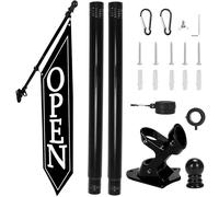 OPEN Flag with Pole Kit - Heavy Duty Canvas Open Banner for Business Storefront, 42x12 Inch Outdoor Double-Sided Sign with Bracket - Advertising Signage for Retail & Shops (Black)