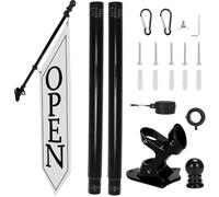 OPEN Flag with Pole Kit - Heavy Duty Canvas Open Banner for Business Storefront, 42x12 Inch Outdoor Double-Sided Sign with Bracket - Advertising Signage for Retail & Shops (White)