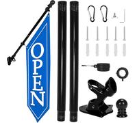OPEN Flag with Pole Kit - Heavy Duty Canvas Open Banner for Business Storefront, 42x12 Inch Outdoor Double-Sided Sign with Bracket - Advertising Signage for Retail & Shops (Blue)