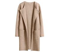 Open Front Knit Cardigan Lapel Cardigan Coat with Pockets Long Coatigan Sweater Lady Winter Coats Fall Dressy Coatigan (Apricot,L)