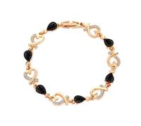 Open Heart Link Chain Bracelet for Women, Dainty Gold Tone Adjustable Bracelet with Teardrop Black Crystals & Paved Clear Stones, Elegant Chic Statement Jewelry for Daily, Date, Cocktail Party Occasio