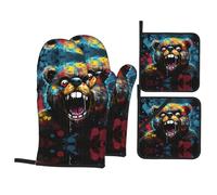 Open-mouthed Bear Pattern Oven Mitts & Pot Holders 4-Piece Set - Baking Insulation Gloves, Kitchen Practical Tools