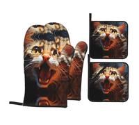 Open-mouthed cat Head Pattern Oven Mitts & Pot Holders 4-Piece Set - Baking Insulation Gloves, Kitchen Practical Tools
