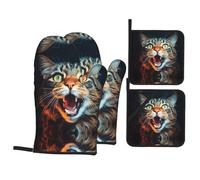 Open-mouthed cat Pattern Oven Mitts & Pot Holders 4-Piece Set - Baking Insulation Gloves, Kitchen Practical Tools