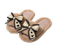 Open Slippers - Cute Bowknot Slippers Indoor Outdoor Comfort Slippers Cotton Winter Slippers Soft Fur Clogs, Brown, 4 UK
