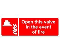 Open this valve in the event of fire Safety sign - Self adhesive sticker 450mm x 150mm