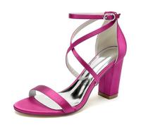 Open Toe Satin Block Heels Wedding Shoes for Bride High Heels Criss Cross Straps Shoes for WomenFormal Party Shoes,Rose Red,37