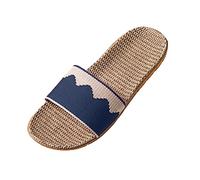 Open Toe Slippers for Men Linen Cane Non-Slip Breathable Summer Sandals Men's Lightweight Flat Home Casual On Slip Indoor Slides Shoes Unisex Washable Flat Bathroom Sandals (Navy, 8)