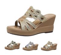 Open Toe Slippers For Women Wedge, Ladies Summer Slippers Size 7 Uk, Brilliancy Rhinestones Boho Slipper Comfortble Mesh Beach Slipper Slip On No Skidding Shoes Casual Household Waling Shoe