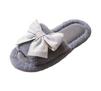 Open Toe Slippers Women Bow Fleece Flat Cozy Indoor Shoes