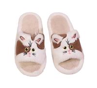 Open Toe Slippers Women Cute Cat Print Fleece Flat Cozy Indoor Shoes