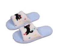 Open Toe Slippers Women Cute Cat Print Fleece Flat Cozy Indoor Shoes