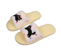 Open Toe Slippers Women Cute Cat Print Fleece Flat Cozy Indoor Shoes