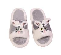Open Toe Slippers Women Cute Cat Print Plush Fleece Lined Indoor House Shoe