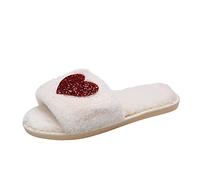 Open Toe Slippers Women Heart Bow Fleece Flat Warm Indoor Shoes