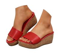 Open Toe Wedge Sandals for Women Comfort Wedges Women's Slide Sandals Open Toe Cork Like Platform with PU Leather Straps Comfortable Summer White Sandal for Wide Ladies Sandles (Red, 6.5)