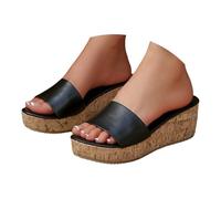 Open Toe Wedge Sandals for Women Comfort Wedges Women's Slide Sandals Open Toe Cork Like Platform with PU Leather Straps Comfortable Summer White Sandal for Wide Ladies Sandles (Black, 7)