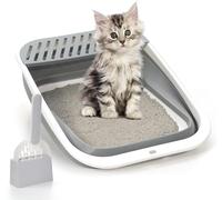 Open Top Cat Litter Box, Large Foldable Cat Potty Height-Adjustable Sides Anti-Splash, Open Air Kitty Litter Pan No Smell, Toilet Easy Clean with Scoop (Gray)