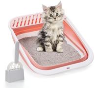 Open Top Cat Litter Box, Large Foldable Cat Potty Height-Adjustable Sides Anti-Splash, Open Air Kitty Litter Pan No Smell, Easy Clean with Scoop (Pink, M)