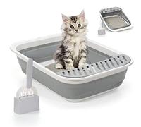 Open Top Cat Litter Box, Large Foldable Cat Potty Height-Adjustable Sides Anti-Splash, Open Air Kitty Litter Pan No Smell, Toilet Easy Clean with Scoop(Gray XL)
