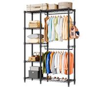 Open Wardrobe for Bedroom, Heavy Duty Clothes Rail with 5 Height Adjustable Shelves, 2 Hanging Rods & 4 Hooks, Metal Clothes Rack Free Standing Closet Organizer and Storage System, 114x44x195 cm Black
