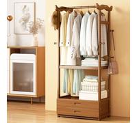 Open Wardrobe with Drawer, Wooden Clothes Rail with Hanging Rod and Hooks, Freestanding Garment Rack for Bedroom, Entryway, Living Room, Office